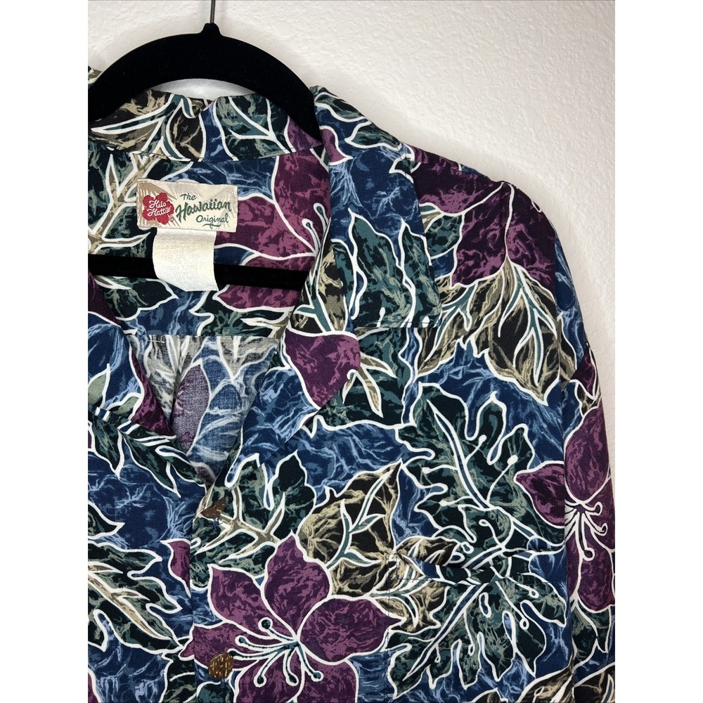 Vtg Hilo Hattie Shirt Mens XL Green Blue Maroon Hawaiian Floral Print Button Up